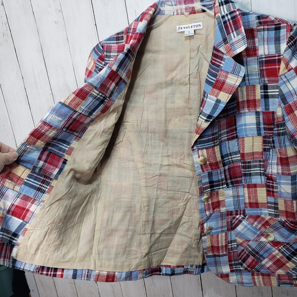 Vintage Pendleton Women's Cotton Patchwork Red Blue Tan Blazer Size Small. - Picture 7 of 7